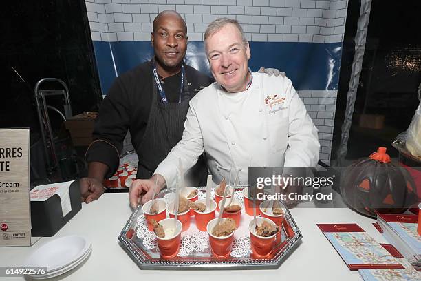Chefs John Lee and Jacques Torres attend Rooftop "Chopped" during the Food Network & Cooking Channel New York City Wine & Food Festival presented by...