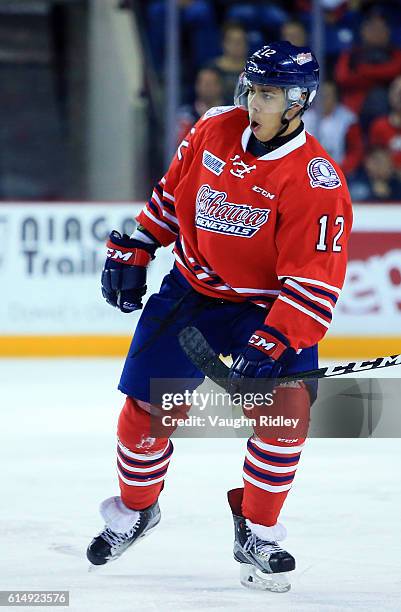 Domenic Commisso of the Oshawa Generals celebrates a goal during the second period of an OHL game against the Niagara IceDogs at the Meridian Centre...