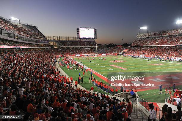 Wide view of TDECU stadium during the Tulsa Golden Hurricanes at Houston Cougars game at TDECU Stadium, Houston, Texas.