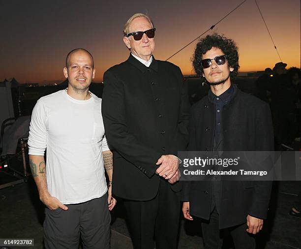 Residente, T Bone Burnett and Omar Rodriguez pose backstage during Univision and Fusion RiseUp As One Concert at CBX on October 15, 2016 in San...