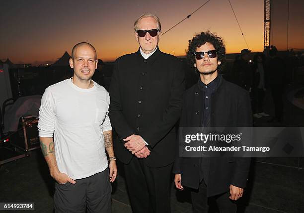 Residente, T Bone Burnett and Omar Rodriguez pose backstage during Univision and Fusion RiseUp As One Concert at CBX on October 15, 2016 in San...