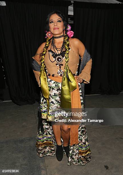 Lila Downs poses backstage during Univision and Fusion RiseUp As One Concert at CBX on October 15, 2016 in San Diego, California.