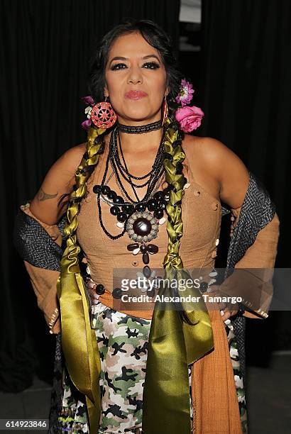 Lila Downs poses backstage during Univision and Fusion RiseUp As One Concert at CBX on October 15, 2016 in San Diego, California.