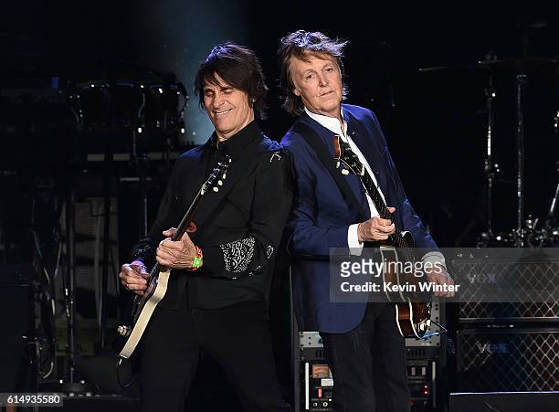 Musicians Rusty Anderson and Paul McCartney perform during Desert Trip at the Empire Polo Field on October 15, 2016 in Indio, California.
