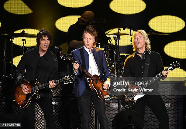 Musicians Rusty Anderson, Paul McCartney and Brian Ray perform during Desert Trip at the Empire Polo Field on October 15, 2016 in Indio, California.