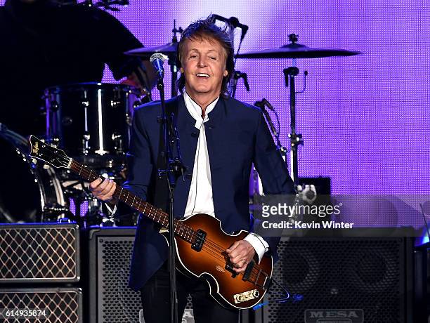 Musician Paul McCartney performs during Desert Trip at the Empire Polo Field on October 15, 2016 in Indio, California.