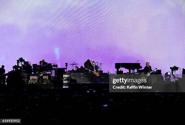 Musicians Rusty Anderson, Paul McCartney and Brian Ray perform during Desert Trip at the Empire Polo Field on October 15, 2016 in Indio, California.