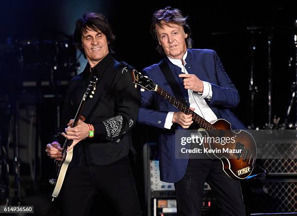 Musician Rusty Anderson and Paul McCartney perform during Desert Trip at The Empire Polo Club on October 15, 2016 in Indio, California.