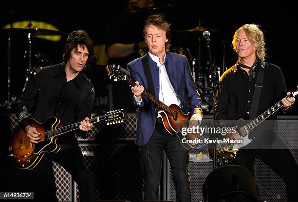 Musicians Rusty Anderson, Paul McCartney and Brian Ray perform during Desert Trip at The Empire Polo Club on October 15, 2016 in Indio, California.