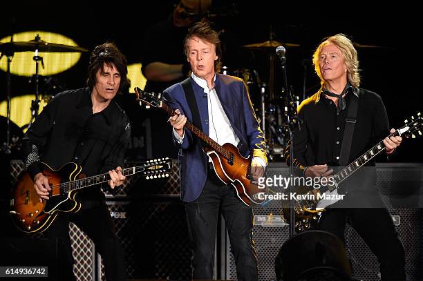 Musicians Rusty Anderson, Paul McCartney and Brian Ray perform during Desert Trip at The Empire Polo Club on October 15, 2016 in Indio, California.