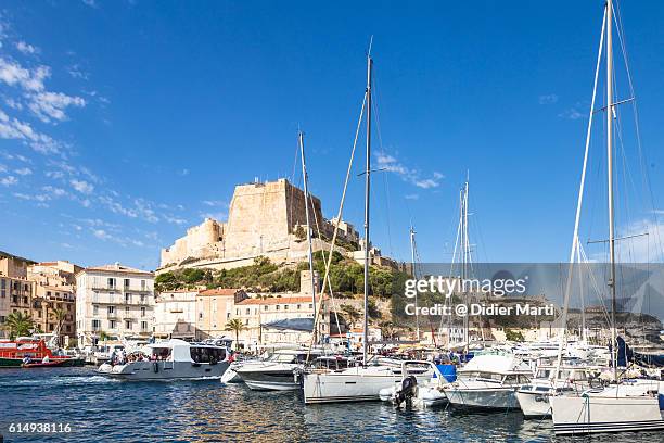 the bonifacio harbor and fort in corsica, france - bonifacio stock pictures, royalty-free photos & images