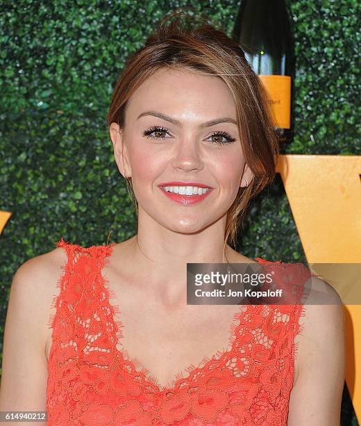Actress Aimee Teegarden arrives at the 7th Annual Veuve Clicquot Polo Classic at Will Rogers State Historic Park on October 15, 2016 in Pacific...