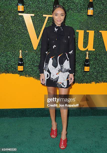 Actress Ashley Madekwe arrives at the 7th Annual Veuve Clicquot Polo Classic at Will Rogers State Historic Park on October 15, 2016 in Pacific...