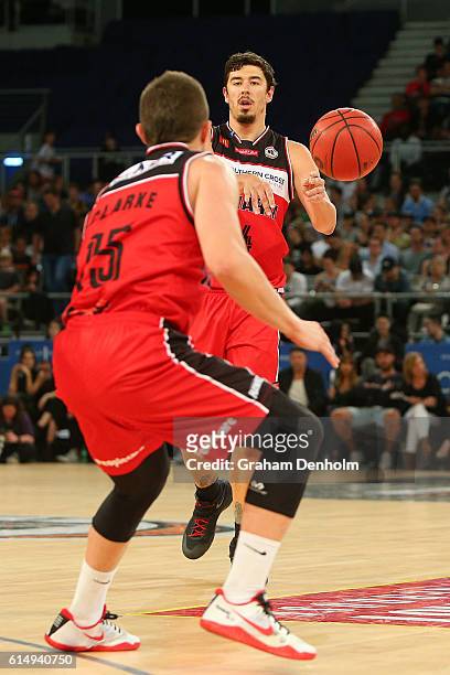 Cody Ellis of the Illawarra Hawks passes during the round two NBL match between Melbourne United and the Illawarra Hawks on October 16, 2016 in...