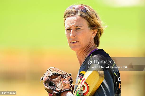 Lisa Keightly, coach of the WA Fury looks on between innings during the WNCL match between Western Australia and Victoria at WACA on October 16, 2016...