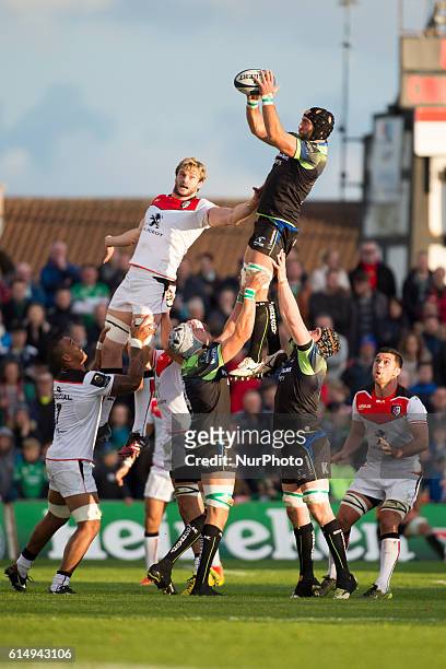 Richie Gray of Toulouse fights for the ball with John Muldoon of Connacht during the European Rugby Champions Cup Pool 2 match between Connacht Rugby...