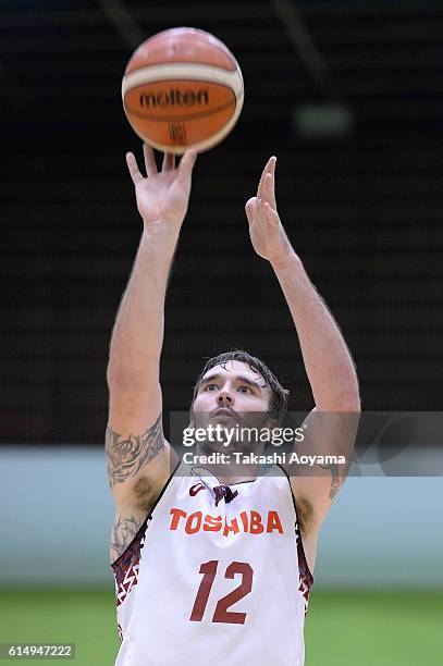 Ryan Spangler of the Kawasaki Brave Thunders shoots a free throw during the B. League match between Hitachi SunRockers Tokyo-Shibuya and Toshiba...