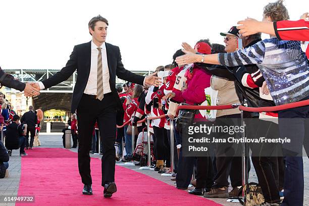 Francis Perron of the Ottawa Senators walks the red carpet prior to their home opener against the Toronto Maple Leafs at Canadian Tire Centre on...