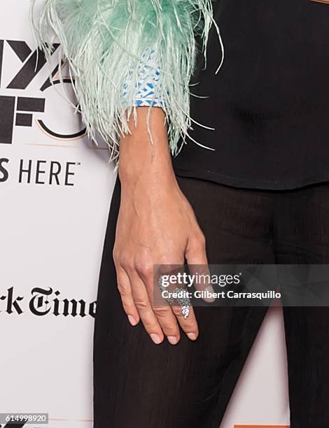 Actress Sienna Miller, jewelry detail, attends the Closing Night Screening of 'The Lost City Of Z' for the 54th New York Film Festival at Alice Tully...