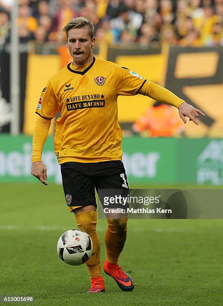 Marvin Stefaniak of Dresden runs with the ball during the Second Bundesliga match between SG Dynamo Dresden and VfB Stuttgart at DDV-Stadion on...
