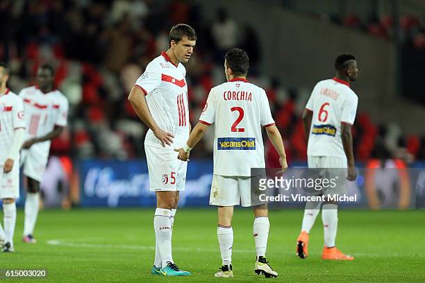 Renato Civelli of Lille and Sebastien Corchia of Lille during the Ligue 1 match between EA Guingamp and Lille OCS at Stade du Roudourou on October...