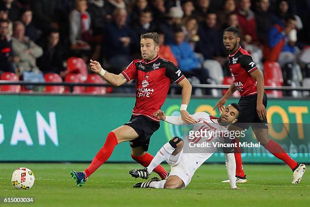 Lucas Deaux of Guingamp and Mounir Obbadi Of Lille during the Ligue 1 match between EA Guingamp and Lille OCS at Stade du Roudourou on October 15,...