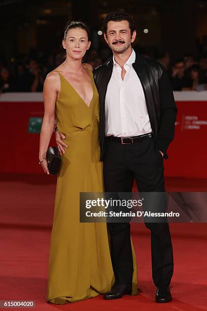 Milena Mancini and Vinicio Marchioni walk a red carpet for 'Sole Cuore Amore' during the 11th Rome Film Festival at Auditorium Parco Della Musica on...