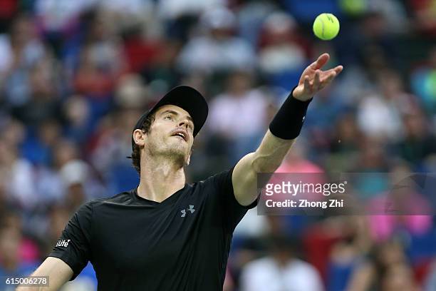 Andy Murray of Great Britain serves against Roberto Bautista Agut of Spain during the Men's singles final match on day 8 of Shanghai Rolex Masters at...