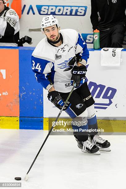 Chase Stewart of the Saint John Sea Dogs skates during the warmup prior to the QMJHL game against the Blainville-Boisbriand Armada at the Centre...