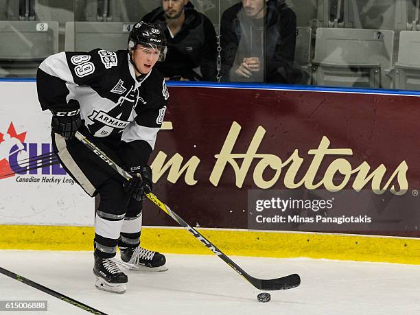 Miguel Picard of the Blainville-Boisbriand Armada skates the puck during the QMJHL game against the Saint John Sea Dogs at the Centre d'Excellence...