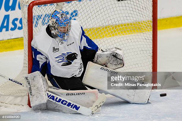 Alex Bishop of the Saint John Sea Dogs makes a pad save during the QMJHL game against the Blainville-Boisbriand Armada at the Centre d'Excellence...