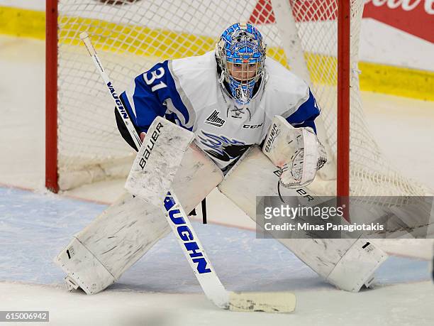 Alex Bishop of the Saint John Sea Dogs remains focused during the QMJHL game against the Blainville-Boisbriand Armada at the Centre d'Excellence...