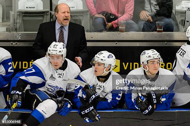 Head coach of the Saint John Sea Dogs Danny Flynn instructs his team during the QMJHL game against the Blainville-Boisbriand Armada at the Centre...