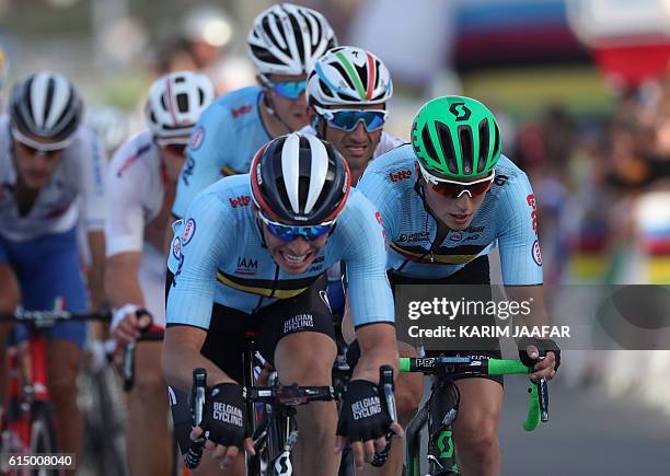 Belgium's Oliver Naesen and Jens Keukeleire lead the race during the men's elite road race event as part of the 2016 UCI Road World Championships on...