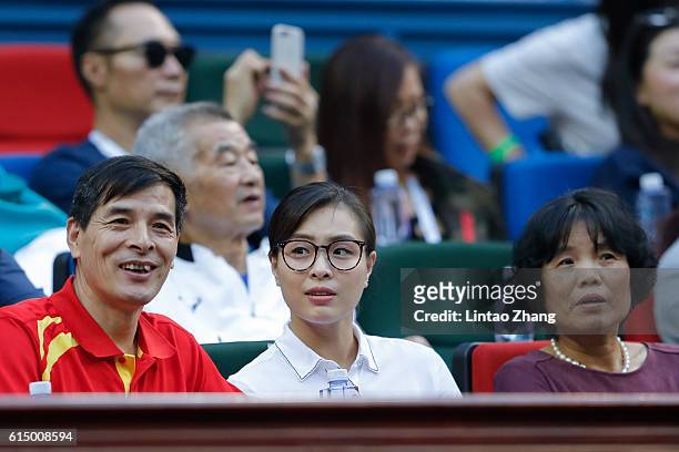 Olympic Gold Medalist Wu Minxia of China watches the men's singles final match on day eight of Shanghai Rolex Masters at Qi Zhong Tennis Centre on...