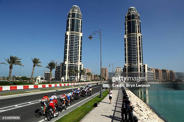 Members of the leading group ride during the Elite Men's Road Race on day eight of the UCI Road World Championships on October 16, 2016 in Doha,...