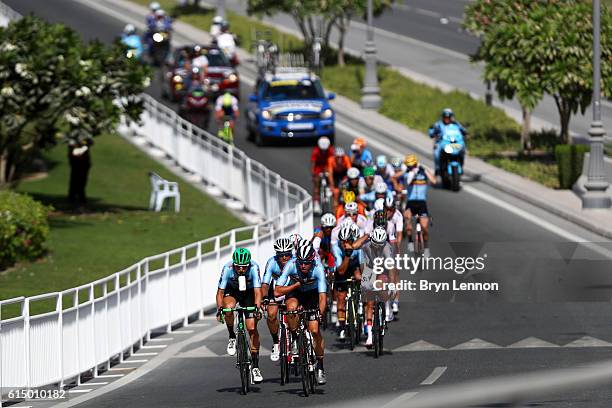 Oliver Naesen of Belgium heads the leading group during the Elite Men's Road Race on day eight of the UCI Road World Championships on October 16,...