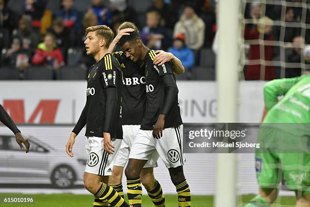Alexander Isak of AIK scores the opening goal to 1-0 during the allsvenskan match between AIK and Ostersunds FK at Friends arena on October 16, 2016...