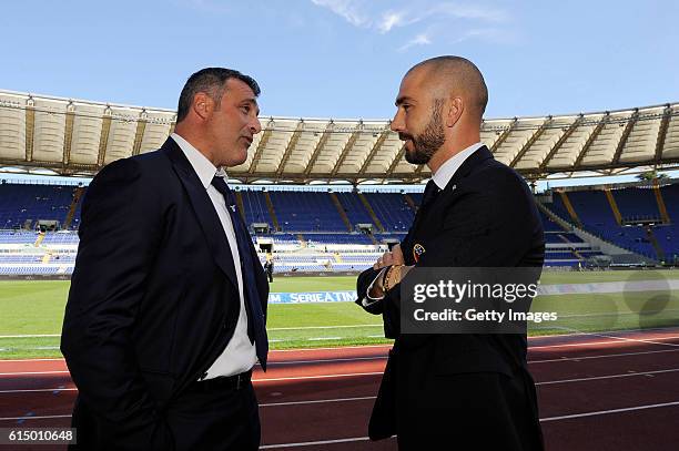 Lazio team assistant Angelo Peruzzi and FC Bologna team assistant Marco Di Vaio speack before the Serie A match between SS Lazio and Bologna FC at...