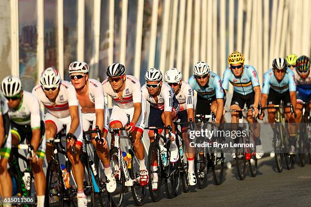 Adam Blythe and Mark Cavendish of Great Britain ride in the lead group during the Elite Men's Road Race on day eight of the UCI Road World...