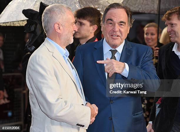 Jeremy Corbyn and director Oliver Stone attend the 'Snowden' Headline Gala screening during the 60th BFI London Film Festival at Odeon Leicester...