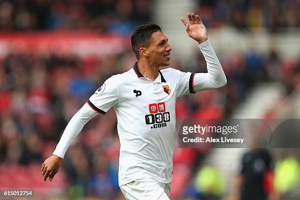 Jose Holebas of Watford celebrates scoring his sides first goal during the Premier League match between Middlesbrough and Watford at Riverside...