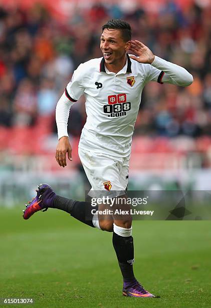 Jose Holebas of Watford celebrates scoring his sides first goal during the Premier League match between Middlesbrough and Watford at Riverside...