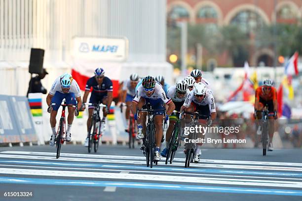 Peter Sagan of Slovakia leads Mark Cavendish of Great Britain as they approach the finish line of the Elite Men's Road Race on day eight of the UCI...