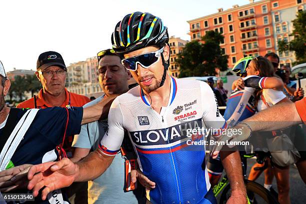 Peter Sagan of Slovakia looks on at the finish line after winning the Elite Men's Road Race on day eight of the UCI Road World Championships on...