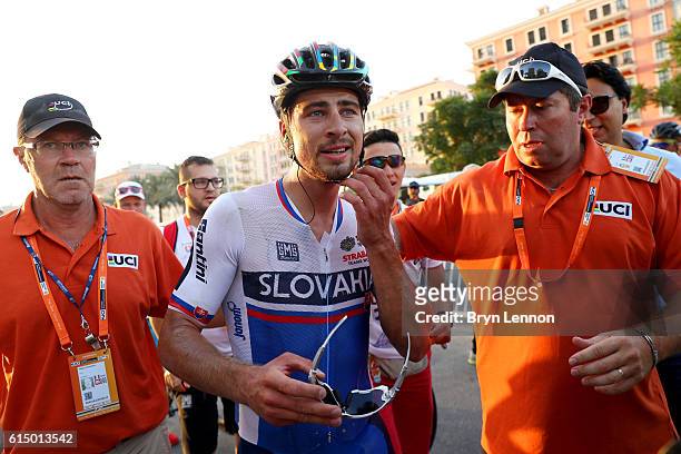 Peter Sagan of Slovakia looks on at the finish line after winning the Elite Men's Road Race on day eight of the UCI Road World Championships on...