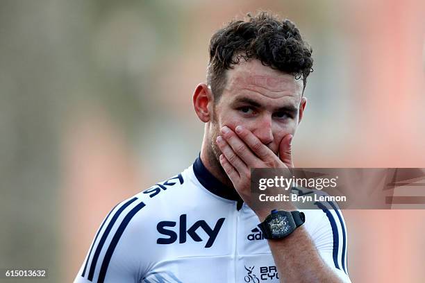 Mark Cavendish of Great Britain reacts on the podium after finishing second in the Elite Men's Road Race on day eight of the UCI Road World...