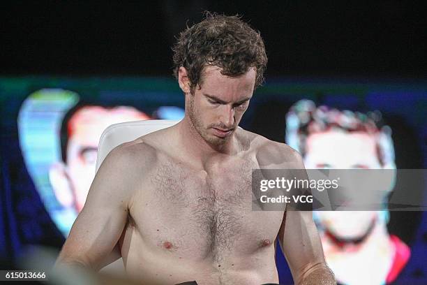 Andy Murray of Great Britain reacts during the Men's singles final match against Roberto Bautista Agut of Spain on day 8 of Shanghai Rolex Masters at...