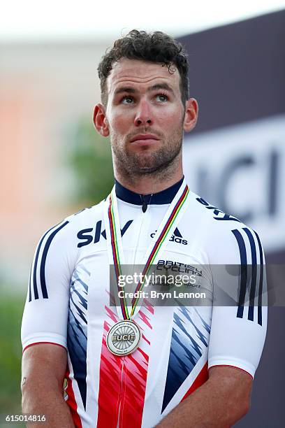 Mark Cavendish of Great Britain stands on the podium after finishing second in the Elite Men's Road Race on day eight of the UCI Road World...