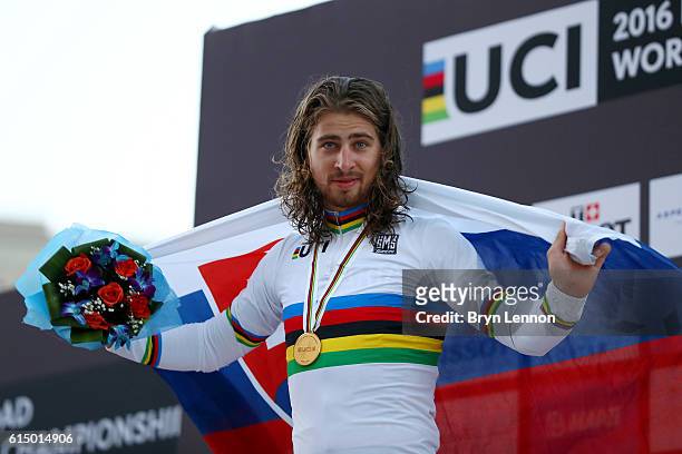 Peter Sagan of Slovakia celebrates victory on the podium after the Elite Men's Road Race on day eight of the UCI Road World Championships on October...